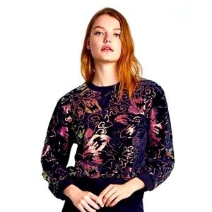 ZARA Knit Floral Multicolored Sequin Deep Blue Velvet Pullover Cropped Sweater S